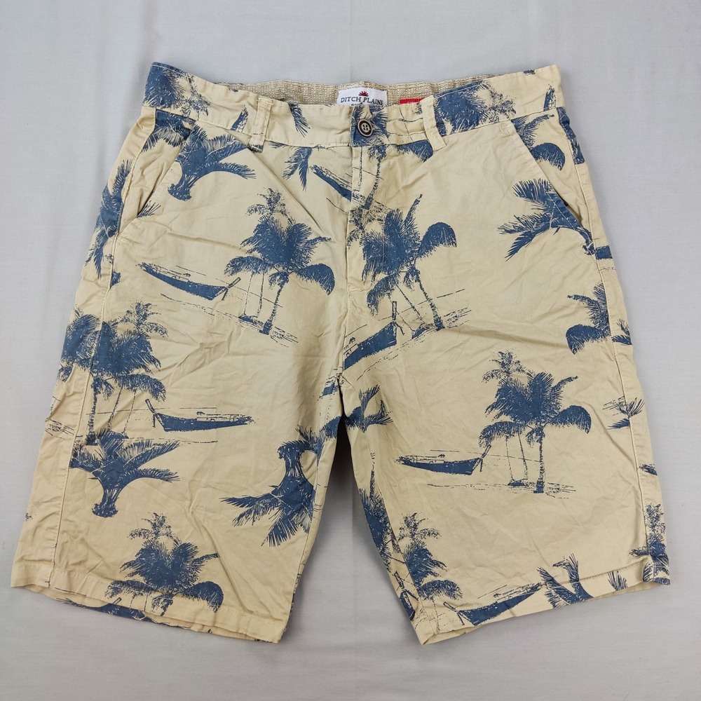 Ditch Plains Shorts Mens 34 Beige Palm Tree Print Cotton Stretch Chino Casual